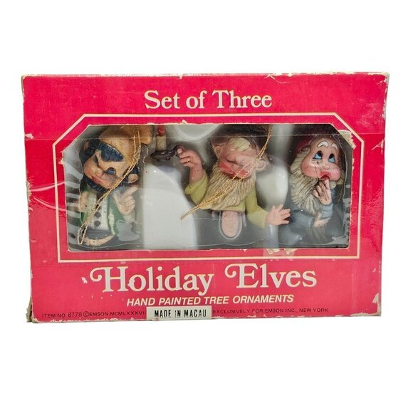 💥231 Emson Vintage Set of 3 Christmas Elf Dwarf Christmas Tree Ornaments - Picture 1 of 6